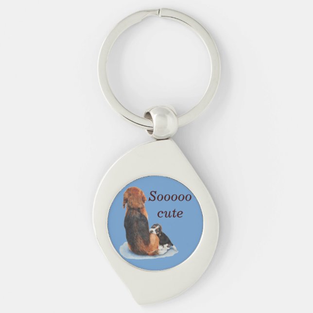 Cute puppy dog beagle cuddling his mum key ring (Front)