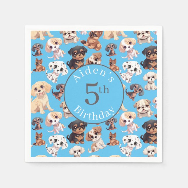 Cute Puppy Dog Birthday Blue Napkin (Front)