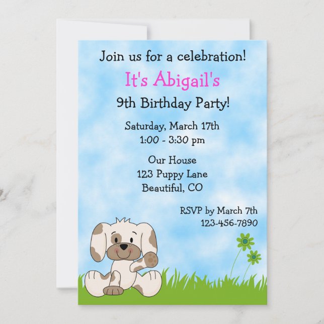 Cute Puppy Dog Birthday Invitation for Girls (Front)