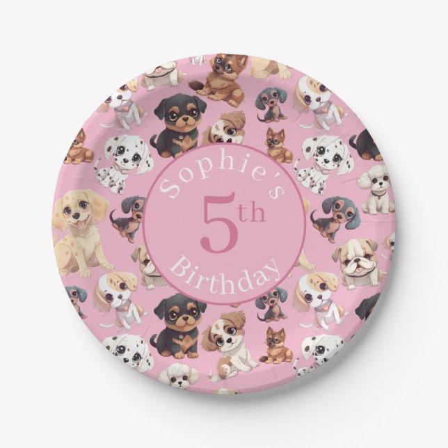 Cute Puppy Dog Birthday Pink Paper Plate (Front)