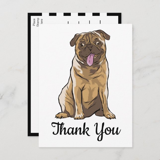 Cute Puppy Dog Black White Cartoon Pug Thank You  Postcard (Front/Back)