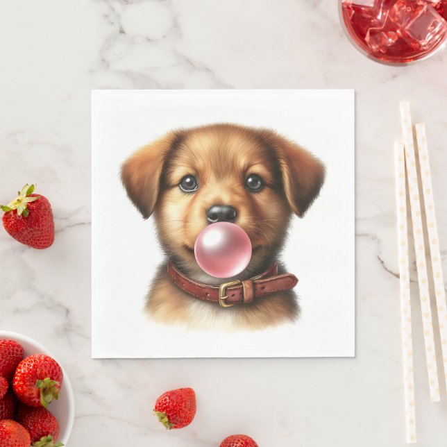 Cute Puppy Dog Blowing Bubble Gum Party Napkin (Insitu)