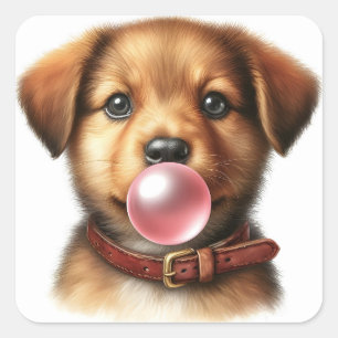 Cute Puppy Dog Blowing Bubble Gum  Square Sticker