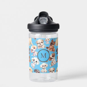 Cute Puppy Dog Blue Monogram Water Bottle