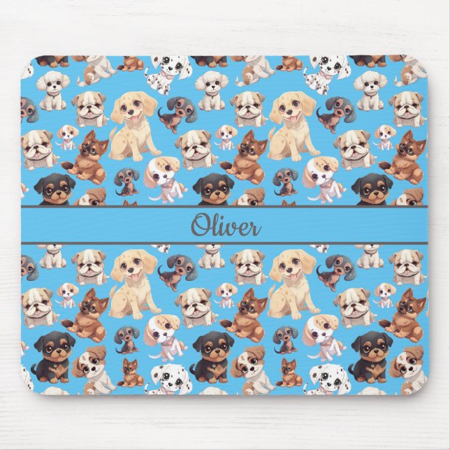 Cute Puppy Dog Blue Mouse Mat (Front)