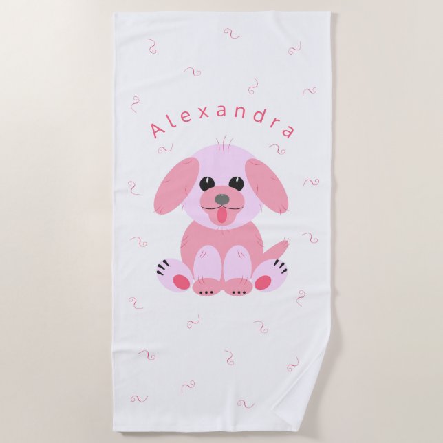 Cute Puppy Dog Blush Pink Cartoon Personalised Beach Towel (Front)