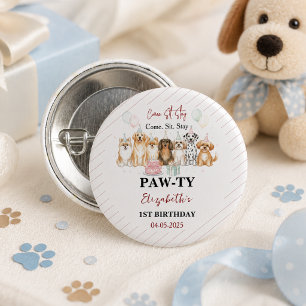 Cute Puppy Dog Boy 1st Birthday   Pawty Time First 3 Cm Round Badge