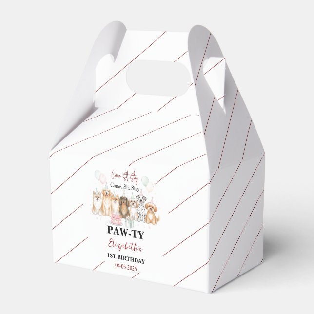 Cute Puppy Dog Boy 1st Birthday | Pawty Time First Favour Box (Front Side)