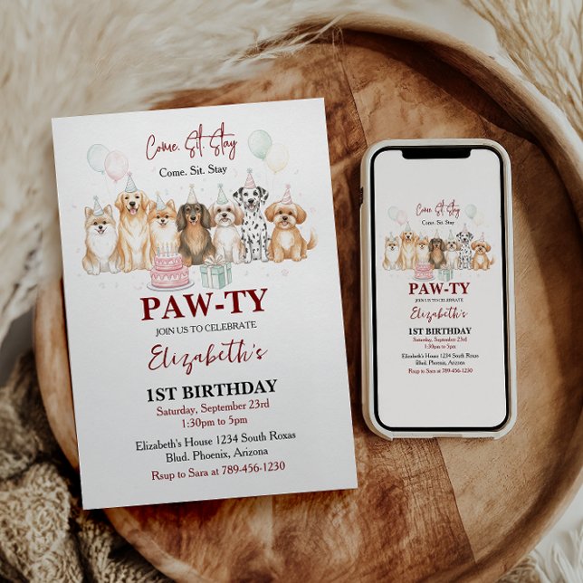 Cute Puppy Dog Boy 1st Birthday | Pawty Time First Invitation (Cute Puppy Dog Boy 1st Birthday | Pawty Time First Invitation)