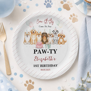 Cute Puppy Dog Boy 1st Birthday Pawty Time First Paper Plate