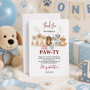 Cute Puppy Dog Boy 1st Birthday Pawty Time First Thank You Card