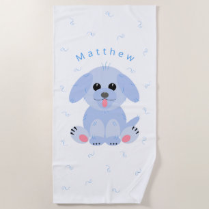 Cute Puppy Dog Cartoon Blue Personalised Beach Towel