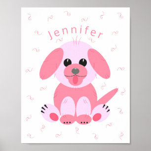 Cute Puppy Dog Cartoon Pink Personalized Girl Poster