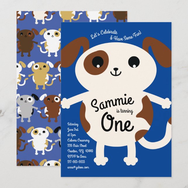 Cute Puppy Dog Colourful 1st Birthday Invitations (Front/Back)