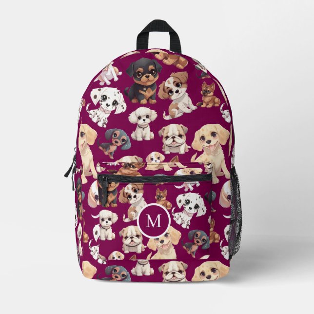 Cute Puppy Dog Dark Pink Printed Backpack (Front)