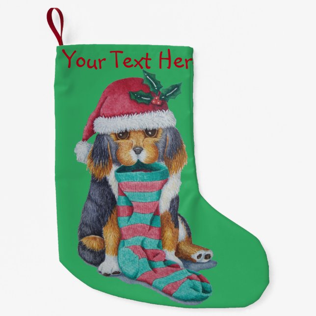 cute puppy dog dressed for christmas small christmas stocking (Front)