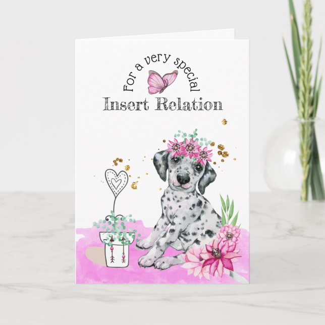 Cute puppy dog floral heart birthday girls party card (Front)