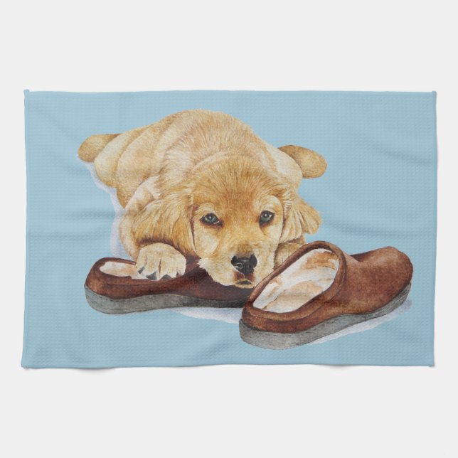 cute puppy dog golden retriever tea towel (Horizontal)