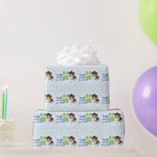 CUTE PUPPY DOG HAT PAW PRINT BLUE GREEN CUSTOM WRAPPING PAPER