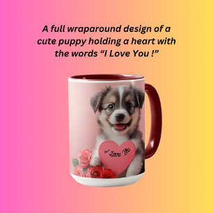 Cute puppy dog holding a heart mug
