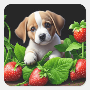 Cute Puppy Dog in a bunch of Strawberries Square Sticker