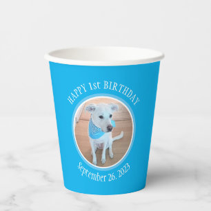 Cute Puppy Dog in Blue Scarf Happy 1st Birthday Paper Cups