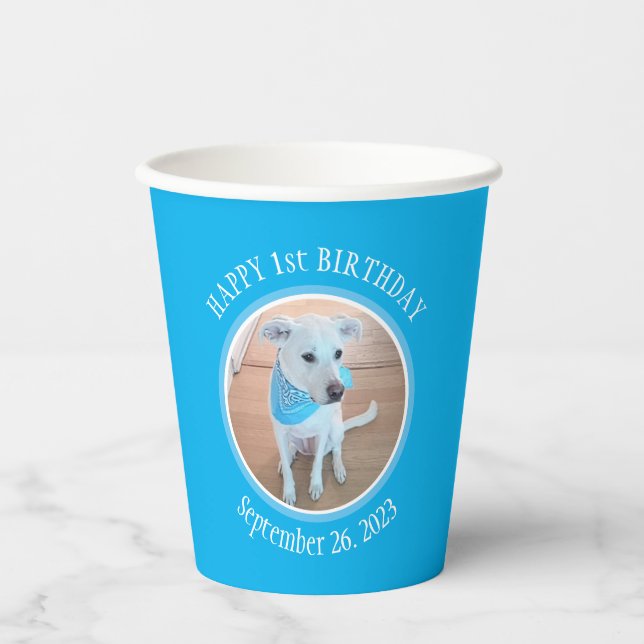 Cute Puppy Dog in Blue Scarf Happy 1st Birthday Paper Cups (Front)