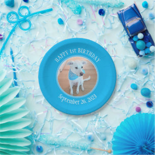 Cute Puppy Dog in Blue Scarf Happy 1st Birthday Paper Plate