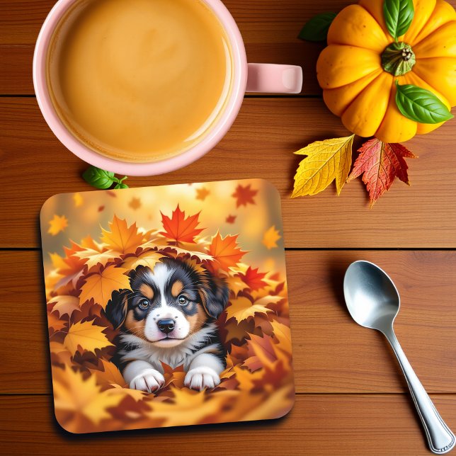 Cute Puppy Dog in Fall Leaves Coaster (Creator Uploaded)