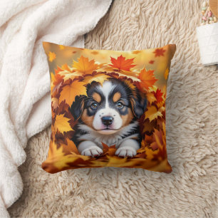 Cute Puppy Dog in Fall Leaves Cushion