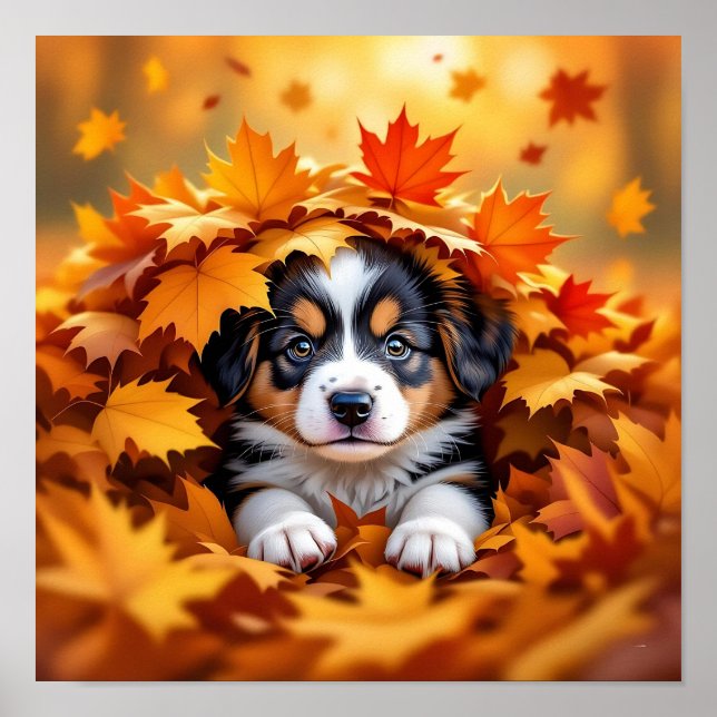 Cute Puppy Dog in Fall Leaves Poster (Front)