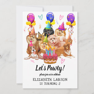 Cute Puppy Dog Lets Pawty Birthday Celebration Invitation