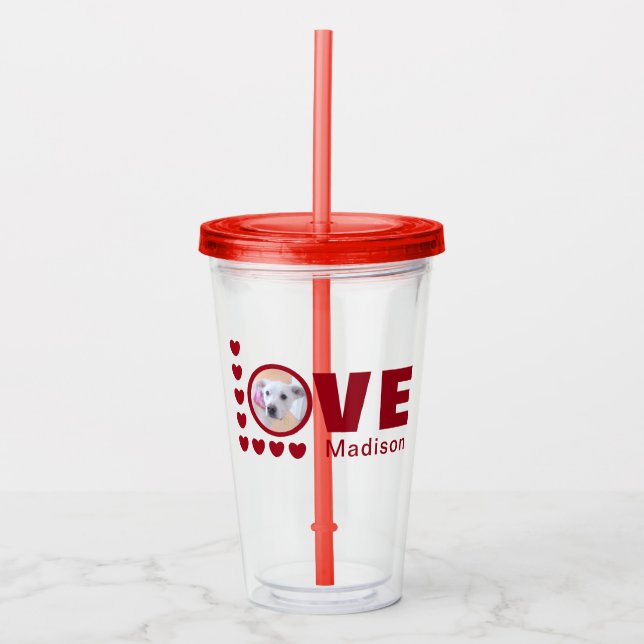 Cute Puppy Dog Love Hearts Valentines Day Red Acrylic Tumbler (Front)