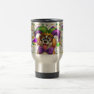 Cute puppy dog Mardi Gras in jester hat Travel Mug