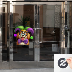 Cute puppy dog Mardi Gras in jester hat Window Cling