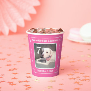 Cute Puppy Dog One Photo Birthday Number 7 Pink Paper Cups