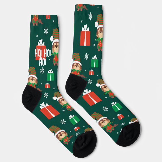 Cute Puppy Dog Pattern Green and Red Christmas  Socks (Right)