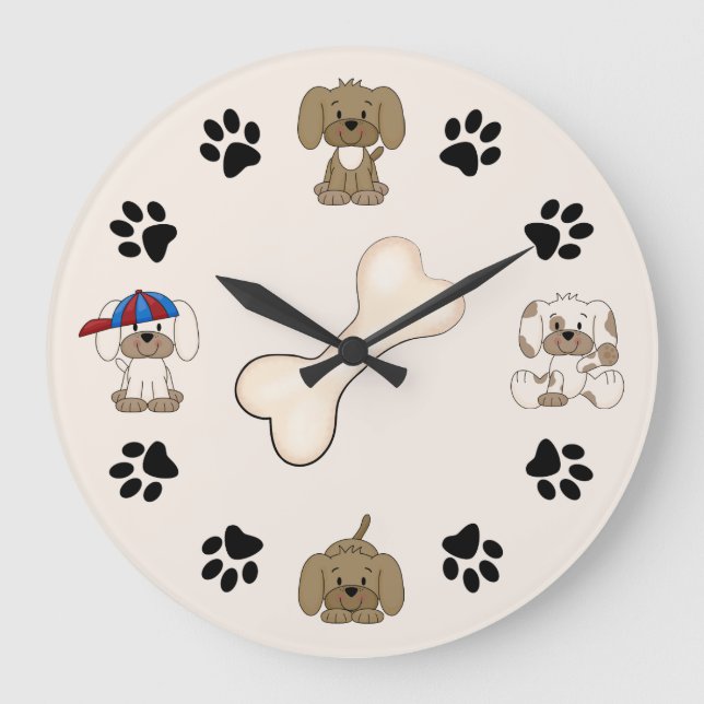 Cute Puppy Dog, Paw Prints and Bone Boys Large Clock (Front)