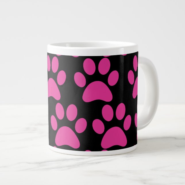 Cute Puppy Dog Paw Prints Hot Pink Black Large Coffee Mug (Front Right)