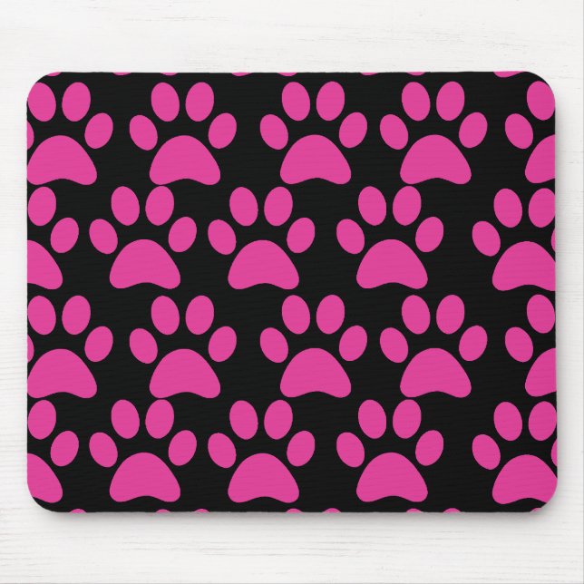 Cute Puppy Dog Paw Prints Hot Pink Black Mouse Mat (Front)