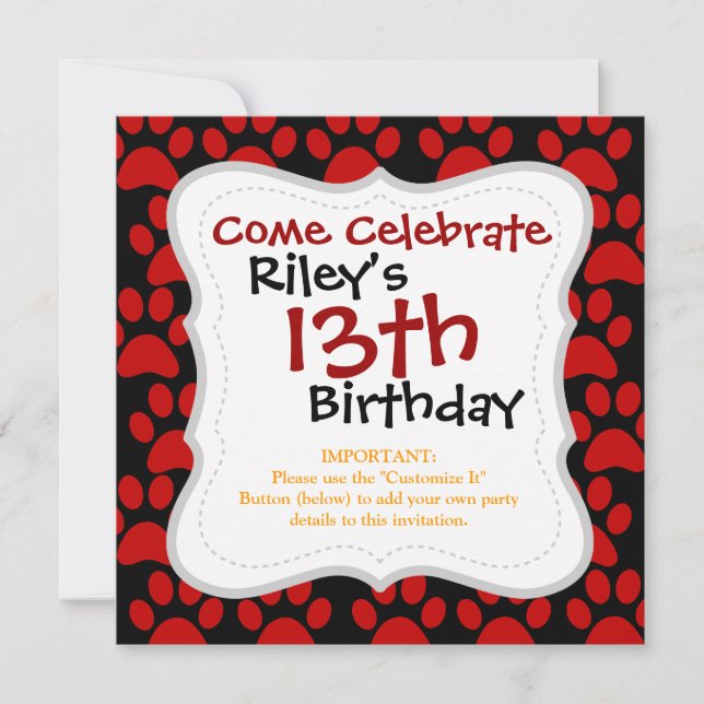 Cute Puppy Dog Paw Prints Red Black Invitation (Front)