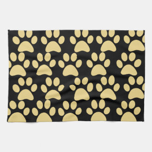 Cute Puppy Dog Paw Prints Tan Black Tea Towel