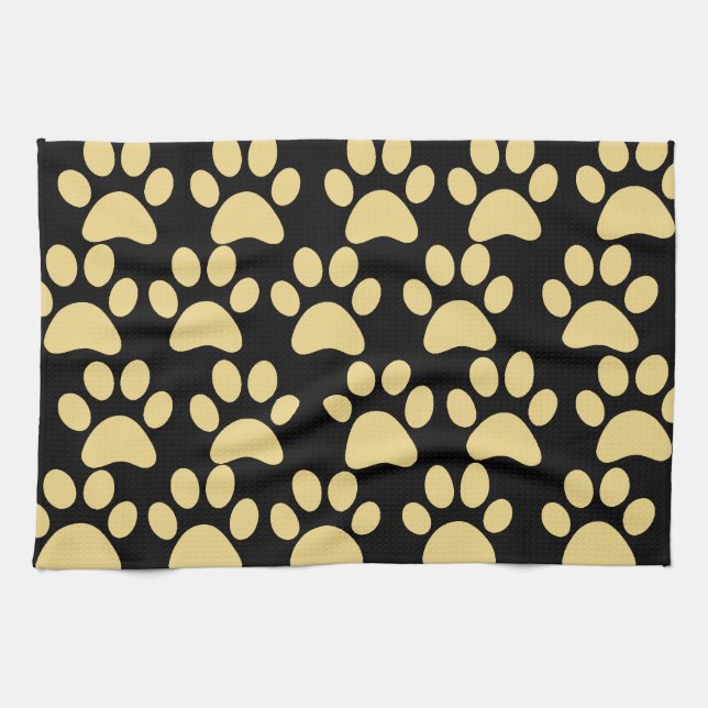 Cute Puppy Dog Paw Prints Tan Black Tea Towel (Horizontal)
