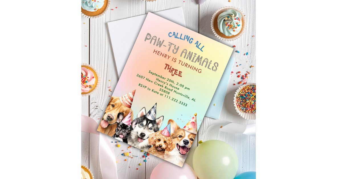 Cute Puppy Dog Pawty Kids Birthday Party Invitation | Zazzle