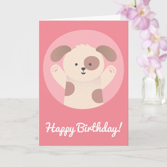 Cute Puppy Dog - Personalised Kids Birthday Card (Orchid)