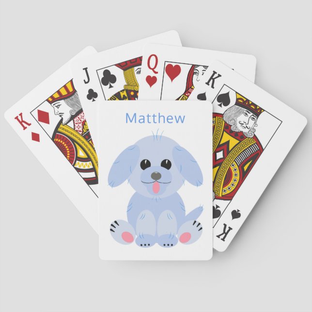 Cute Puppy Dog Personalised Pastel Blue Cartoon Playing Cards (Back)