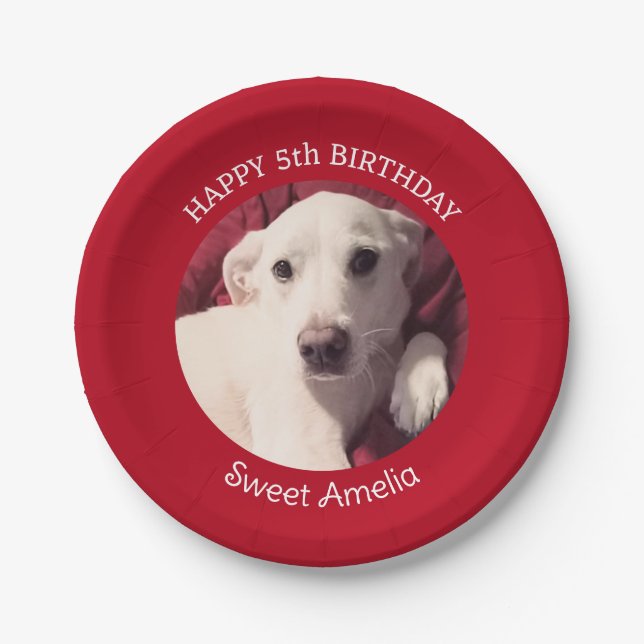 Cute Puppy Dog Photo 5th Birthday Red Party Paper Plate (Front)