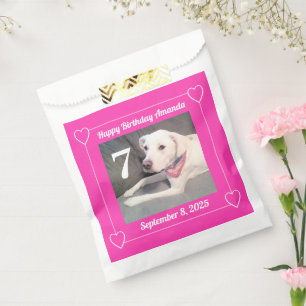 Cute Puppy Dog Photo Birthday 7 Hearts Hot Pink Favour Bags