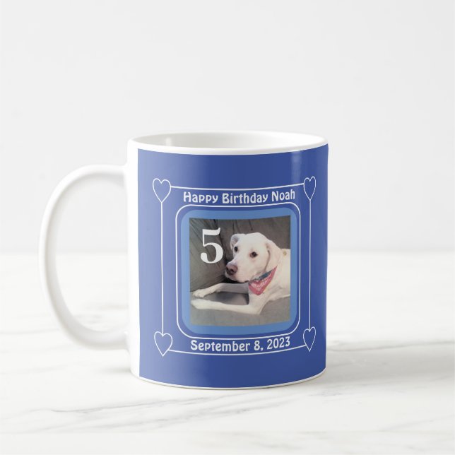 Cute Puppy Dog Photo Birthday Number 5 Blue Coffee Mug (Left)