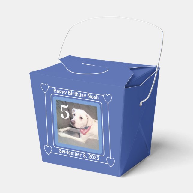Cute Puppy Dog Photo Birthday Number 5 Blue Favour Box (Front Side)